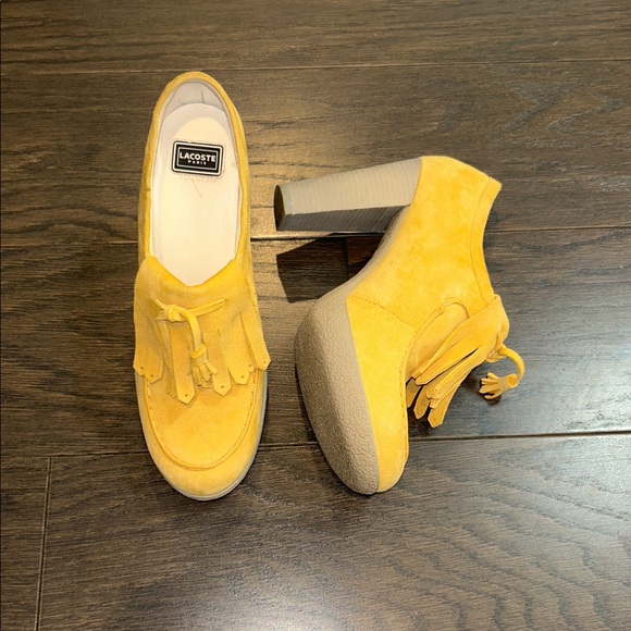 Lacoste Shoes - Lacoste Mustard Suede Heeled Loafers